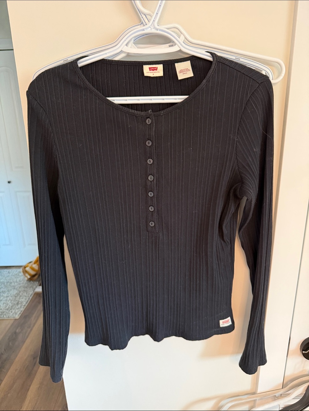 Levi's Black Ribbed Henley Long Sleeve Top with Button Placket